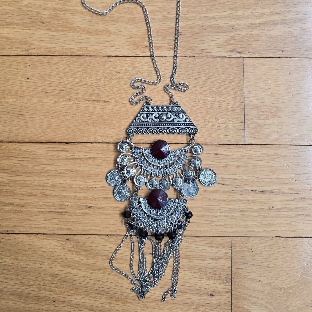 vintage Y2K | oxidized silver tribal boho fringe medallion necklace
